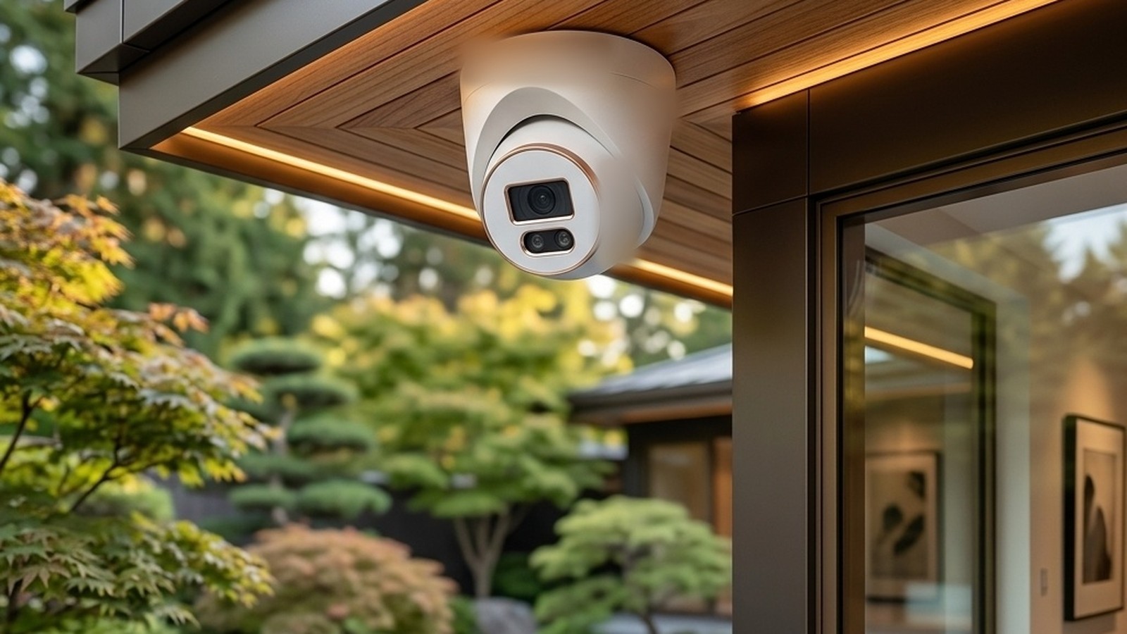 Caméra de sécurité extérieure installée sous un soffite, donnant sur le jardin