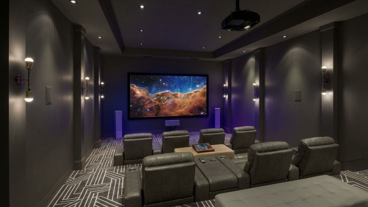 Salle de cinéma maison avec fauteuils inclinables et grand écran